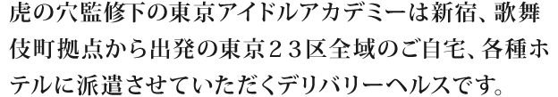 虎の穴監修下の東京アイドルアカデミーは新宿、歌舞伎町拠点から出発の東京23区全域のご自宅、各種ホテルに派遣させていただくデリバリーホテルです。